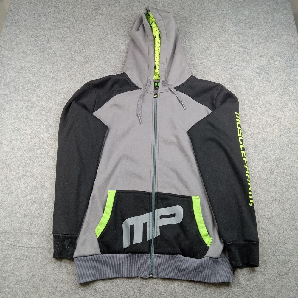 MusclePharm Hoodie Mens Large Gray Black Full Zip Fleece Sweatshirt Logo Graphic